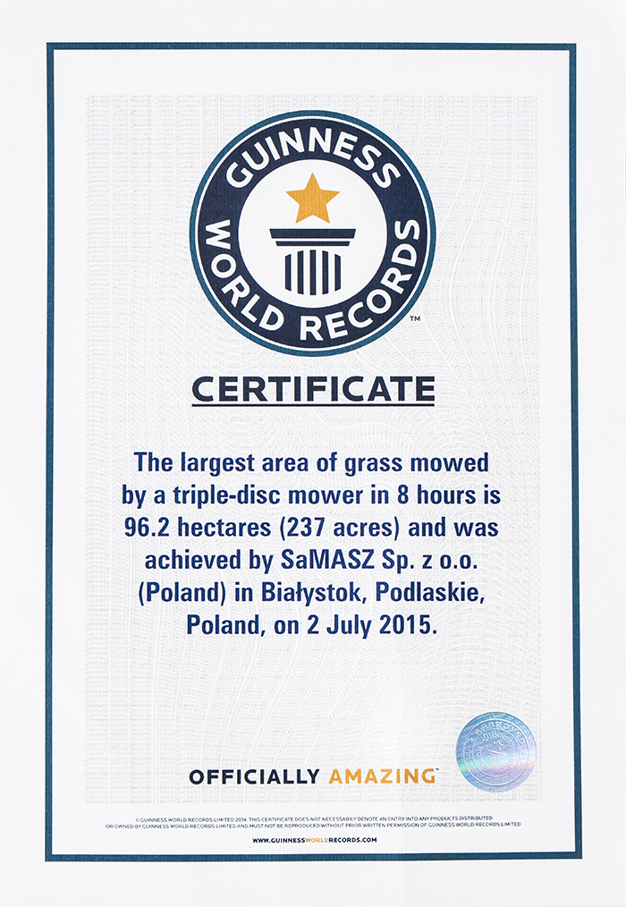 Samasz Rekord Guinnessa certyfikat SaMASZ   Rekord Guinnessa w koszeniu łąk potwierdzony certyfikatem